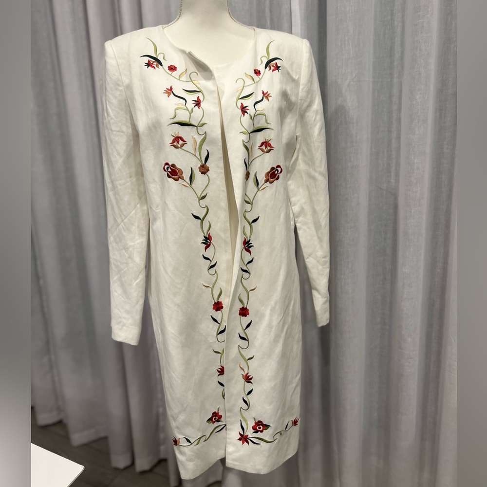 Vintage White Embroidered Linen Rayon Breathable Blazer Jacket Light Coat Duster